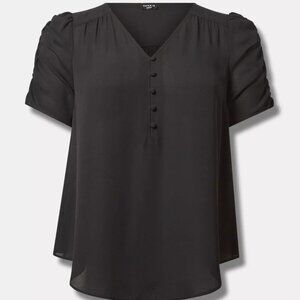 Harper Georgette V-Neck Ruched Sleeve Blouse Deep Black
